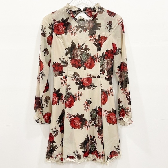 Soieblu Long Sleeve Smock Open Back Floral Dress Lace Trim Cream Ruffle Neck M - Picture 1 of 7